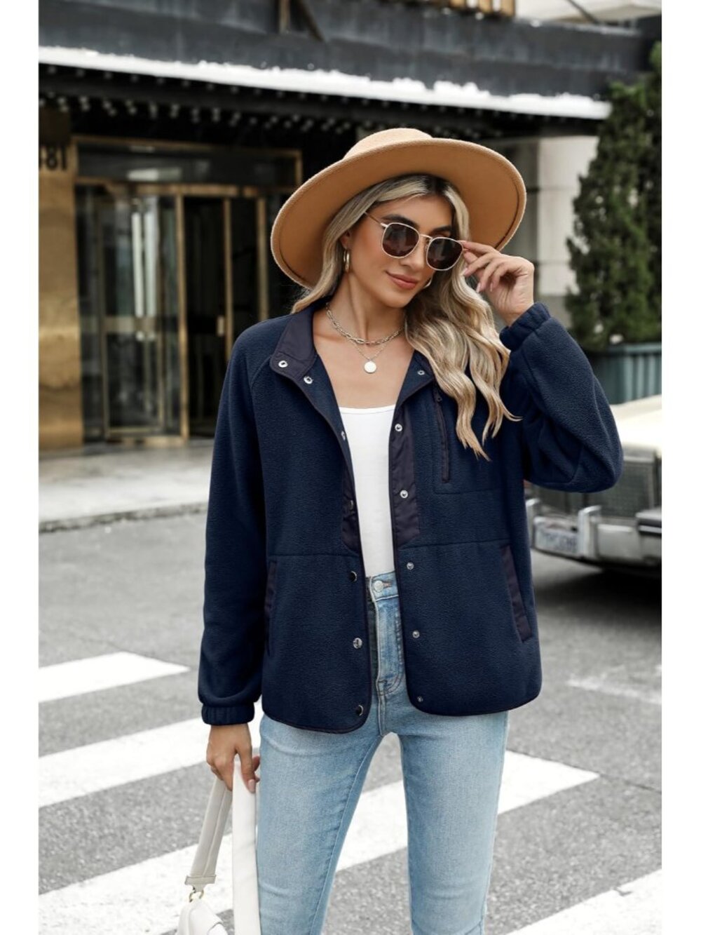 Women's Navy Winter Cuff Sleeve Western Aztec Print Snap Button Fleece Jacket - Picture 2 of 3